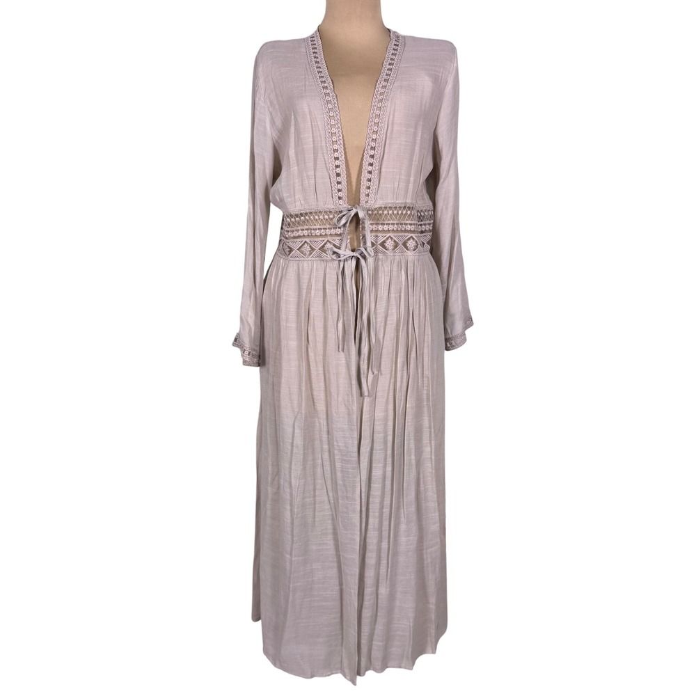 Rebellion Again Beige Lace Trimmed Tie Front Boho‎ Kimono Duster Lrg Beach Cover